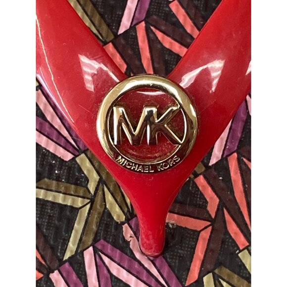 Michael Kors Womens Red & Multicolor Flip-Flops With Gold MK Logo Size 8 - Picture 2 of 9